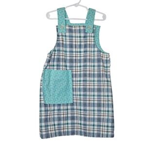Homemade Blue White Plaid Apron‎ Style Dress  Front Pocket Size 10 Geometric